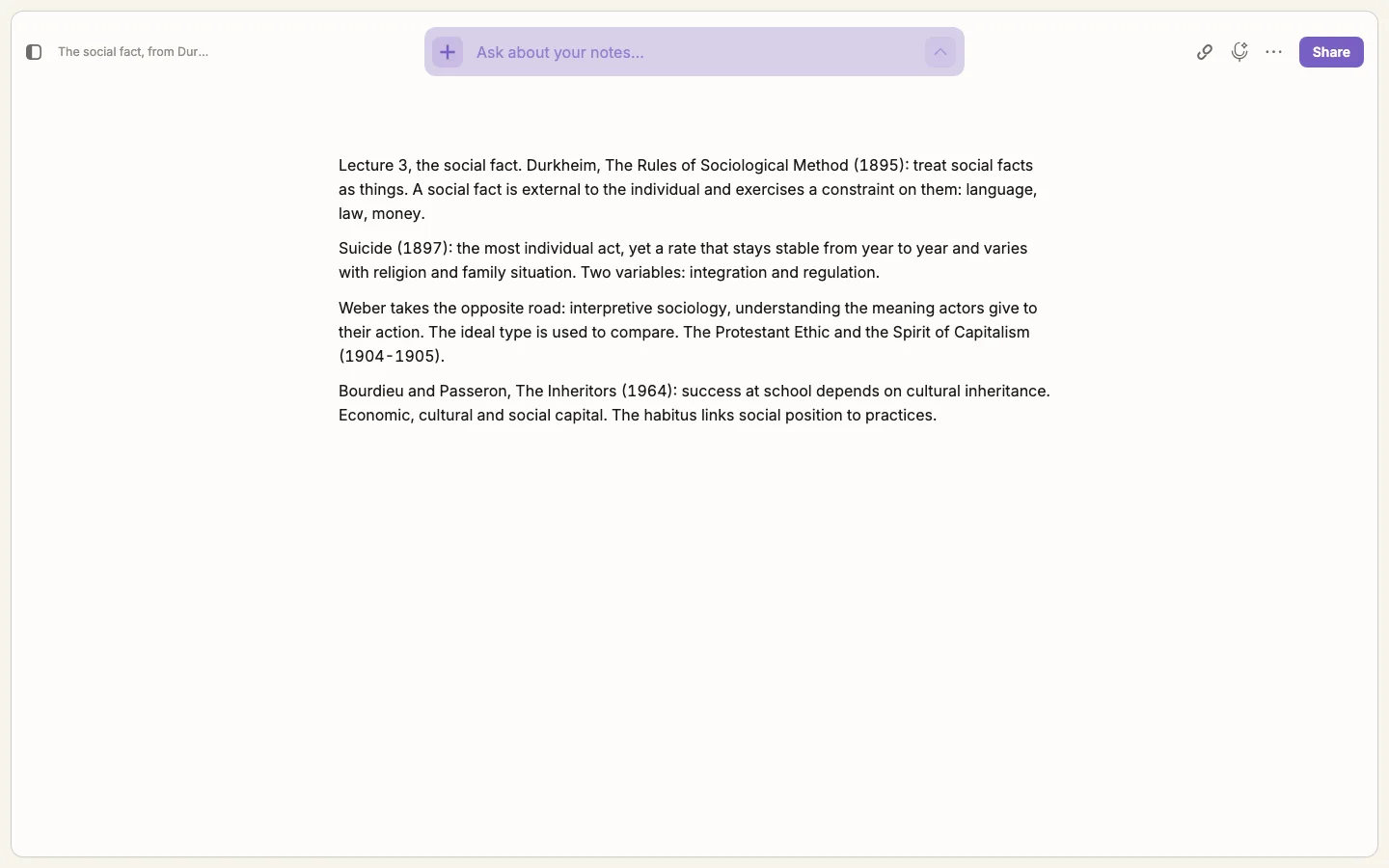 A passage selected in a note, sent to the bar at the top; the tutor answers with its references listed, and « Add to journal » proposes the answer at the bottom of the note.