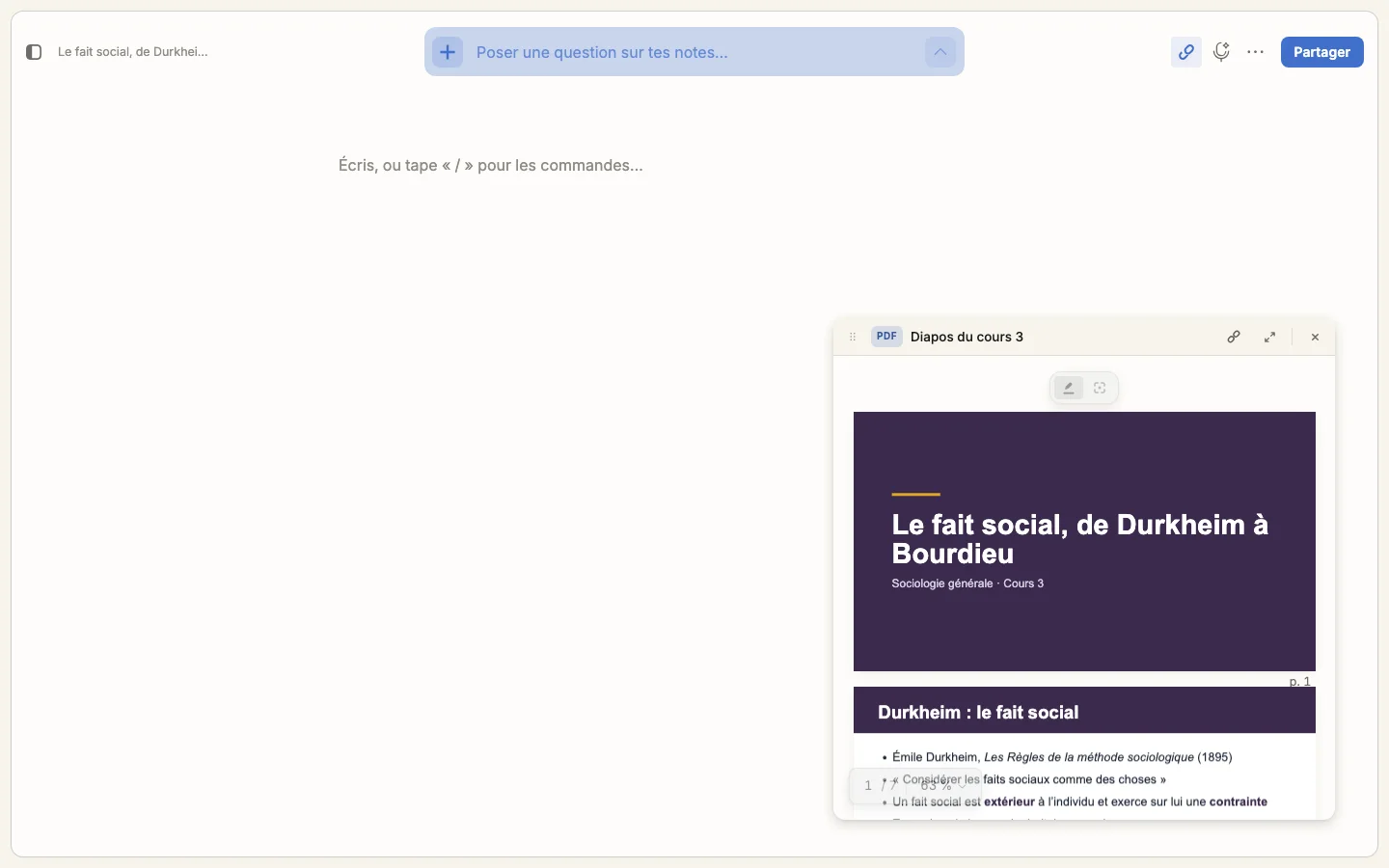 Le cours écrit paragraphe par paragraphe dans le journal, avec la pilule d’enregistrement dans l’entête.