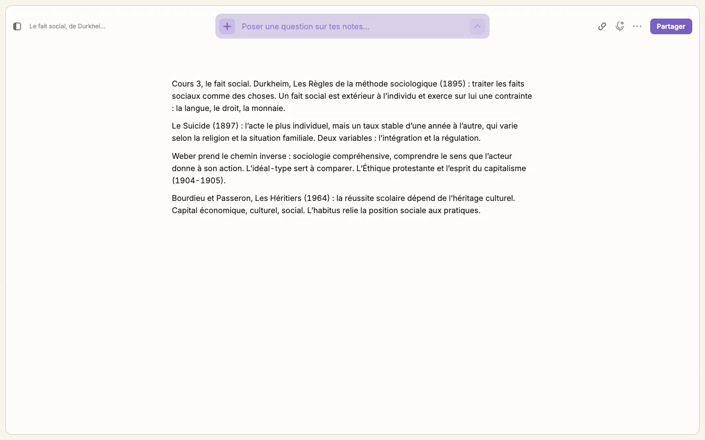 Un passage sélectionné dans une note, envoyé à la barre du haut ; le tuteur répond avec ses références listées, et « Ajouter au journal » propose la réponse en bas de la note.